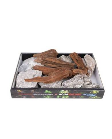 Aquavie - Assortiment bois de mangrove et pierres - Ton gris